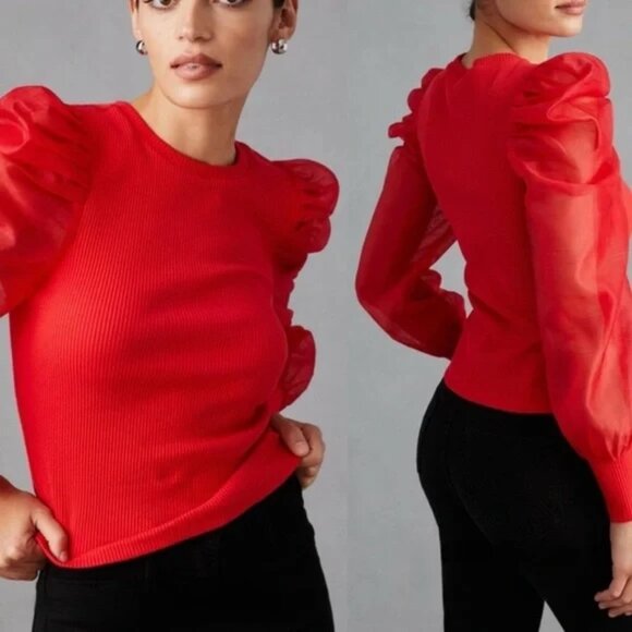 Anthropologie Dolan Red rsheer puff sleeves top blouse shirt - Picture 1 of 10